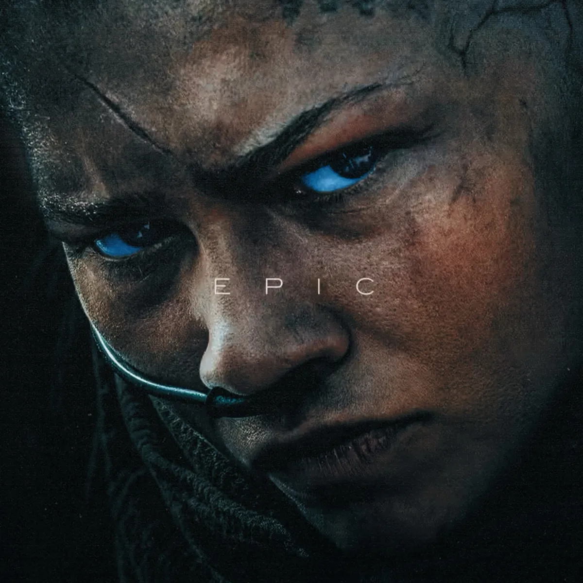 Close-up of a person with glowing blue eyes, from the poster of Denis Villeneuve's Dune: Part Three