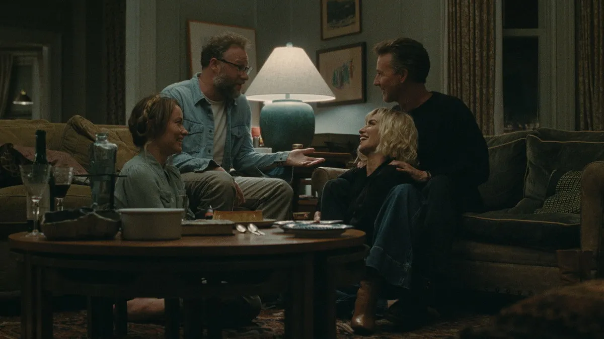Promotional image for The Invite (2026), directed by and starring Olivia Wilde, with Seth Rogen, Edward Norton, and Penélope Cruz, distributed by A24