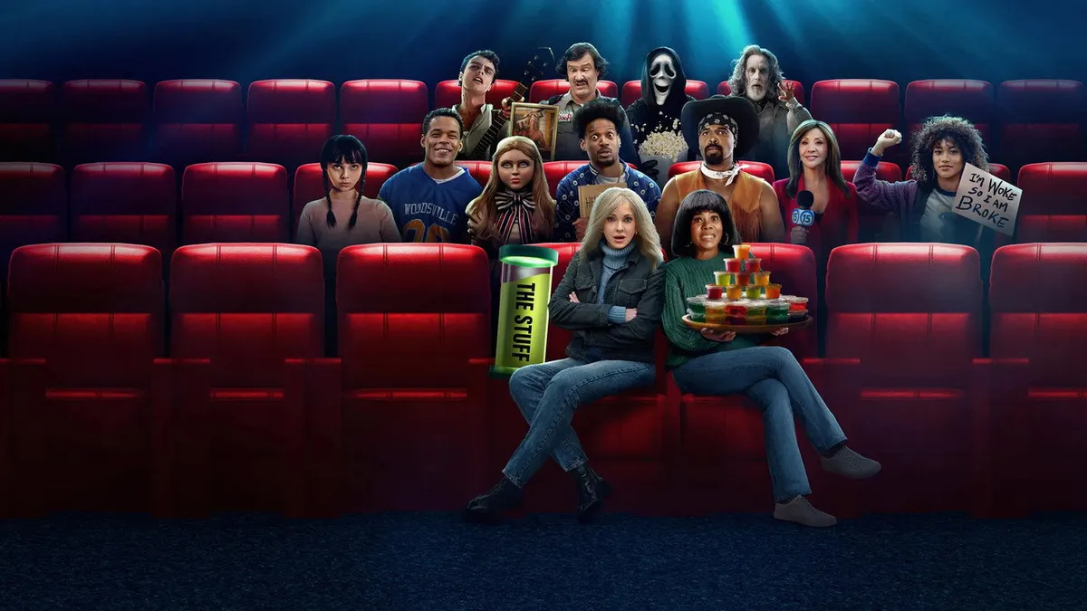 Scary Movie 2026 official film backdrop featuring Anna Faris and the Wayans brothers, Paramount and Miramax release