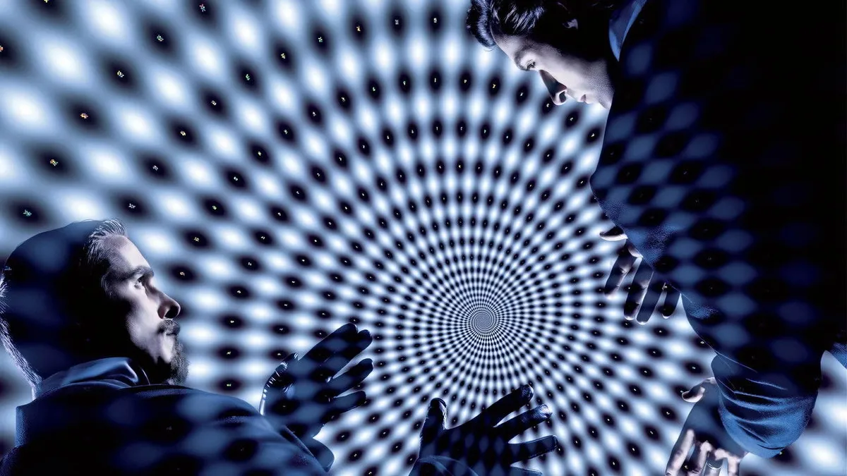 Theatrical backdrop from Christopher Nolan's The Prestige (2006), starring Christian Bale and Hugh Jackman, returning to theaters January 2027