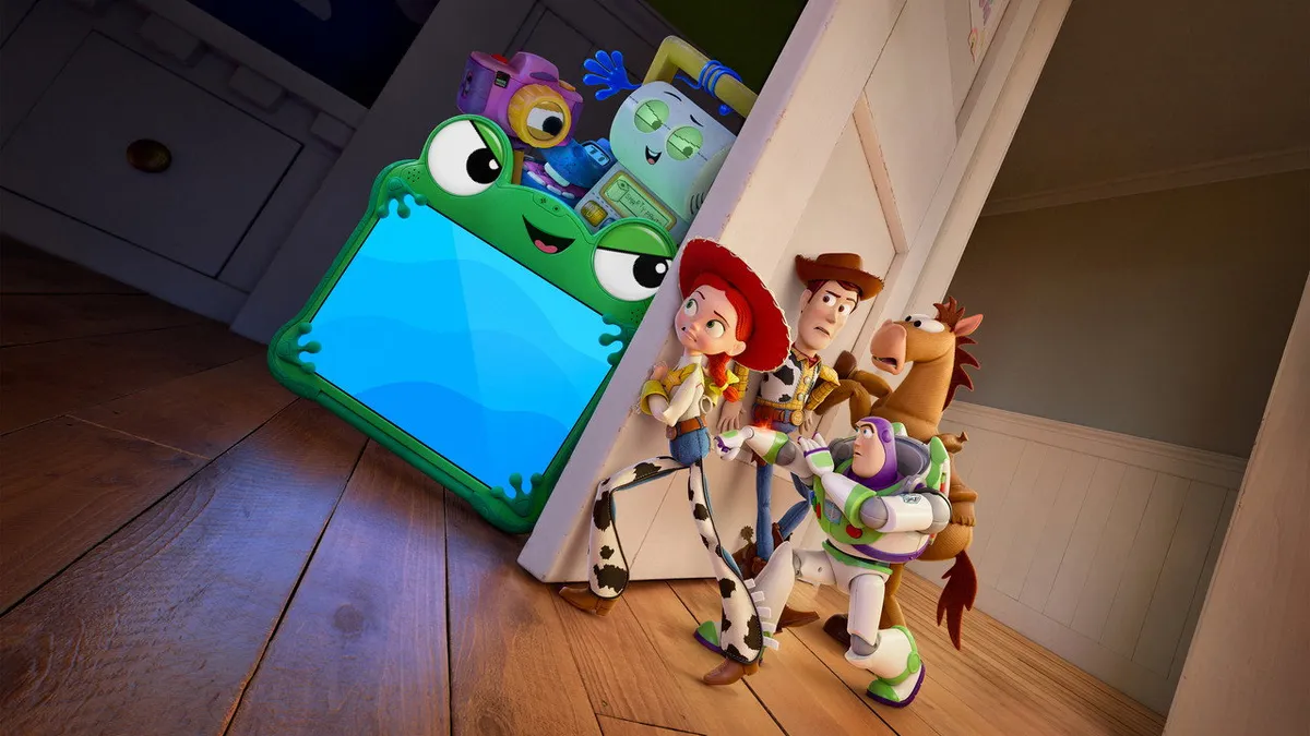 Toy Story 5 promotional backdrop featuring the classic toy characters in a new adventure, directed by Andrew Stanton, 2026