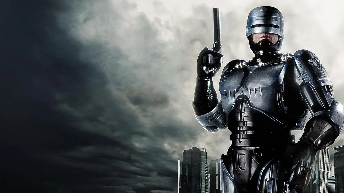 RoboCop (1987) directed by Paul Verhoeven, starring Peter Weller as Alex Murphy in full cyborg armor