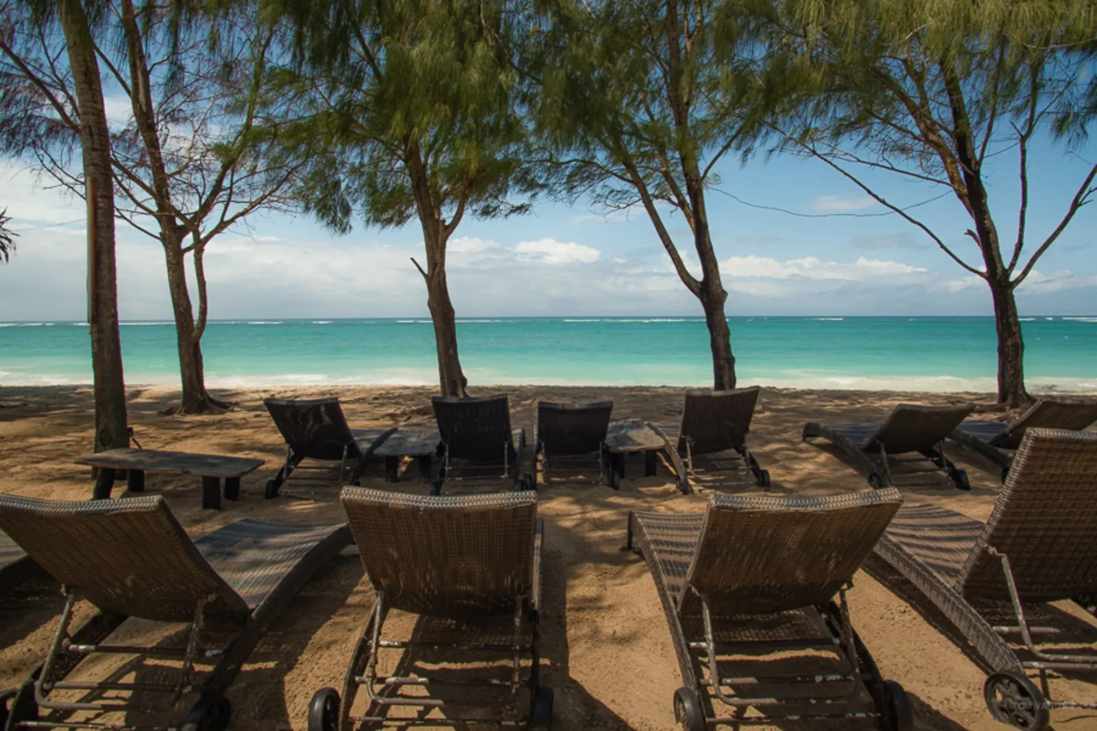 Beachfront loungers overlooking the Indian Ocean at Bahari Dhow Beach Villas