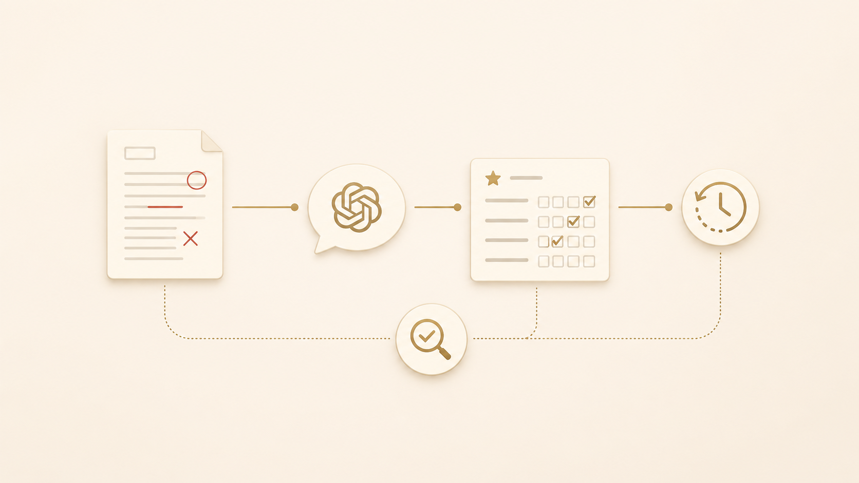 Flujo visual de corrección de exámenes con ChatGPT, rúbrica, revisión docente, feedback e historial