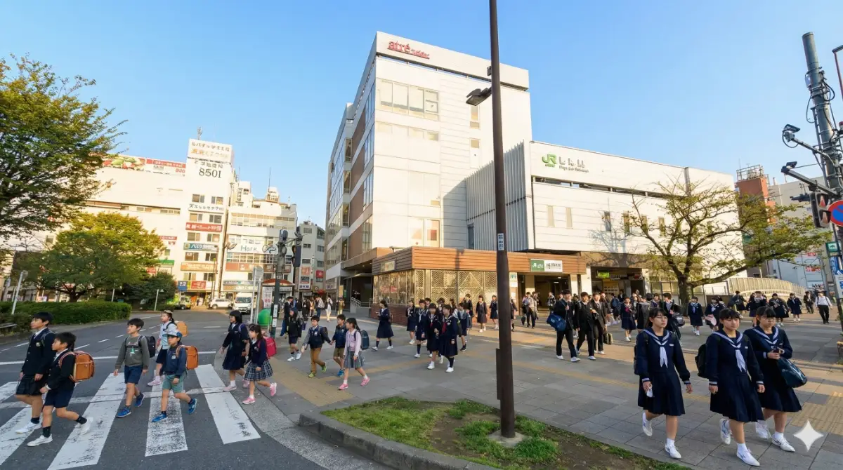 JR巣鴨駅前の横断歩道を渡る小学生と通学中の中学生たち