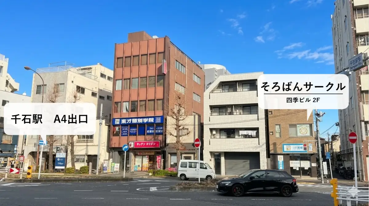千石駅から徒歩1分、四季ビル2階にあるそろばんサークルの入口