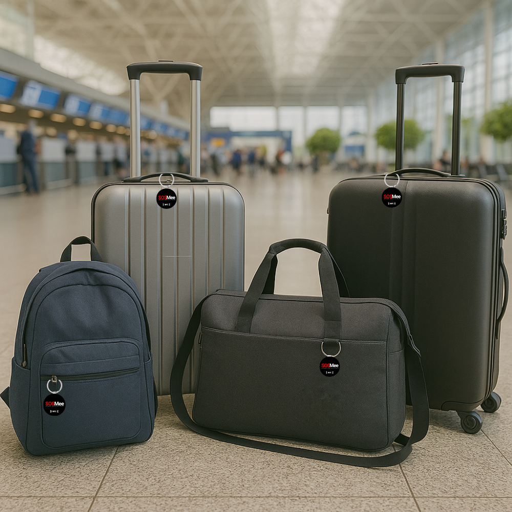 Maleta de viaje con un SOSMee Tag colgado para facilitar su recuperación en caso de pérdida.