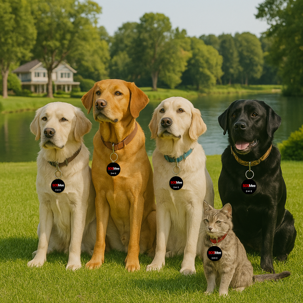 Perro feliz con un llavero SOSMee Tag en su collar, listo para ser escaneado si se pierde.