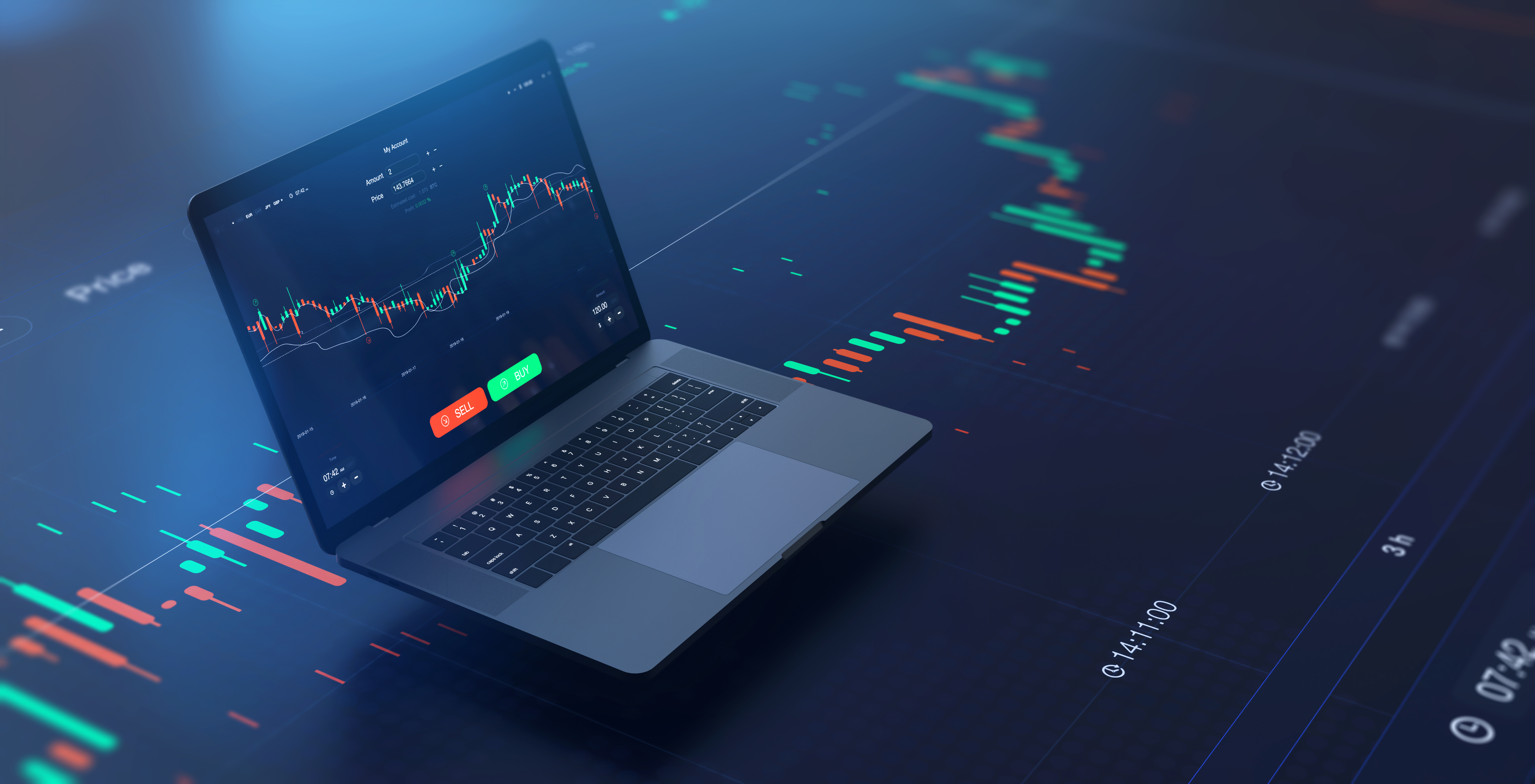 Computer screen displaying a rising stock chart