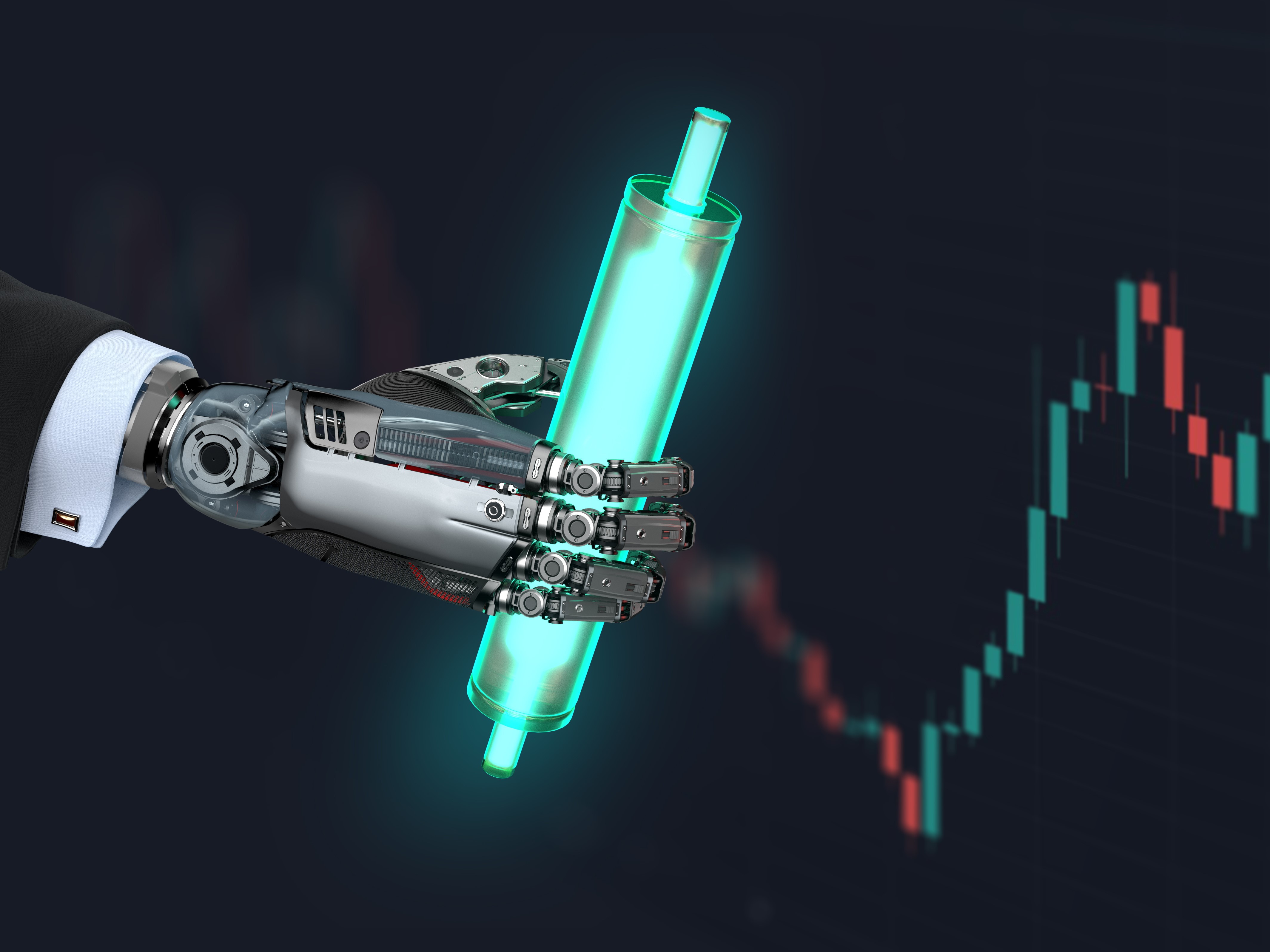 Humanoid robot studying a candlestick stock chart