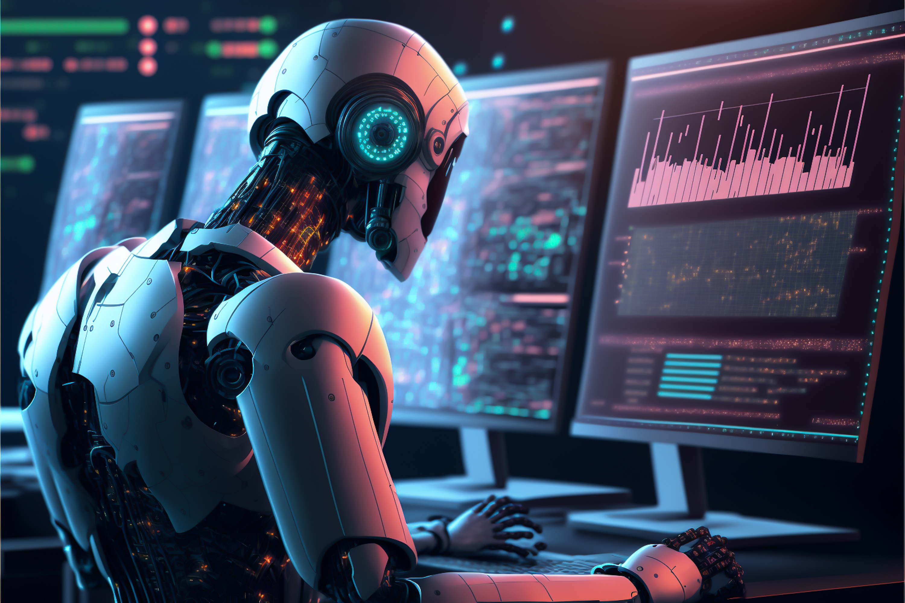 Robot trader at a multi-monitor trading desk