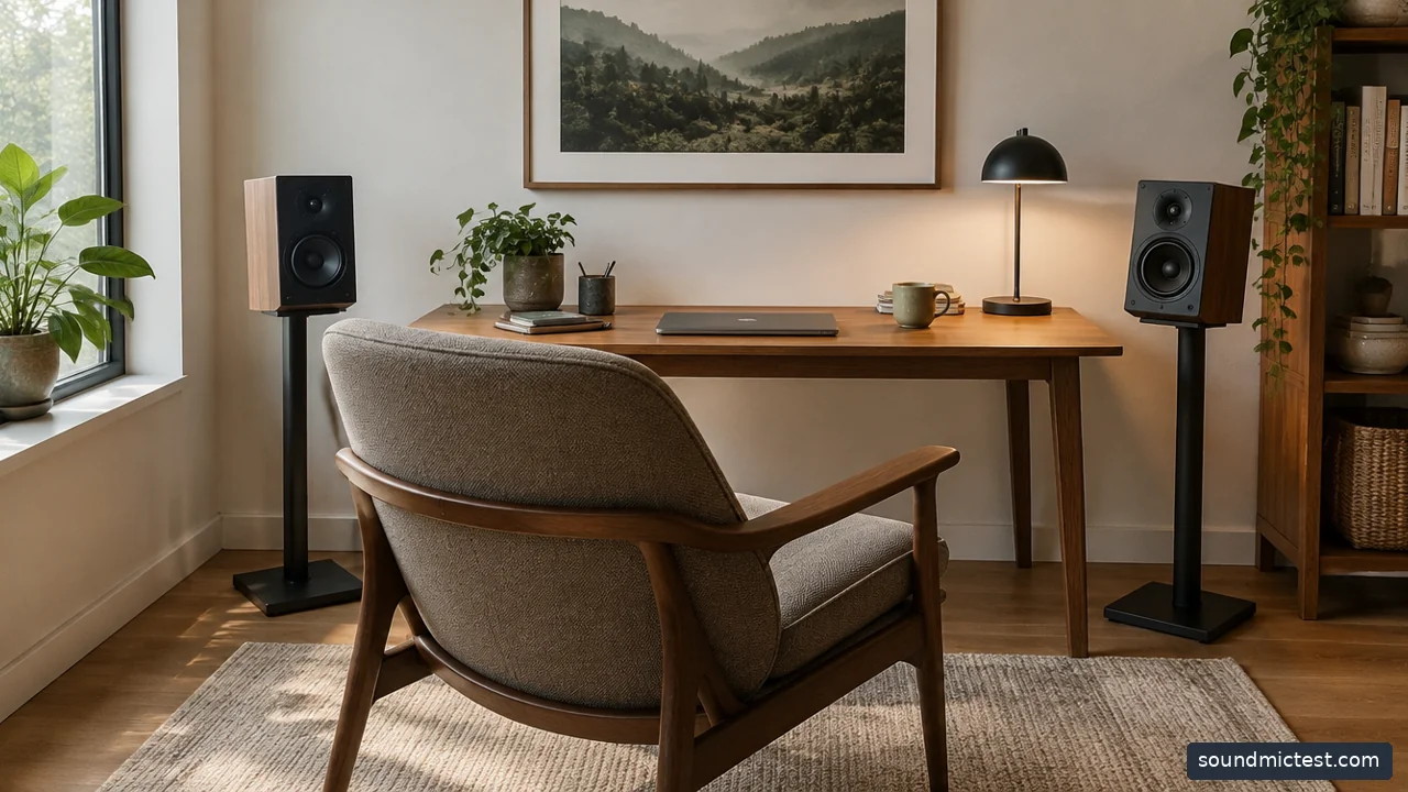 two compact speakers on desktop stands angled toward the chair