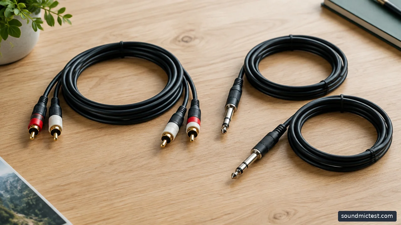 RCA cable and two separate 6.35mm TRS cables on a light wooden desk