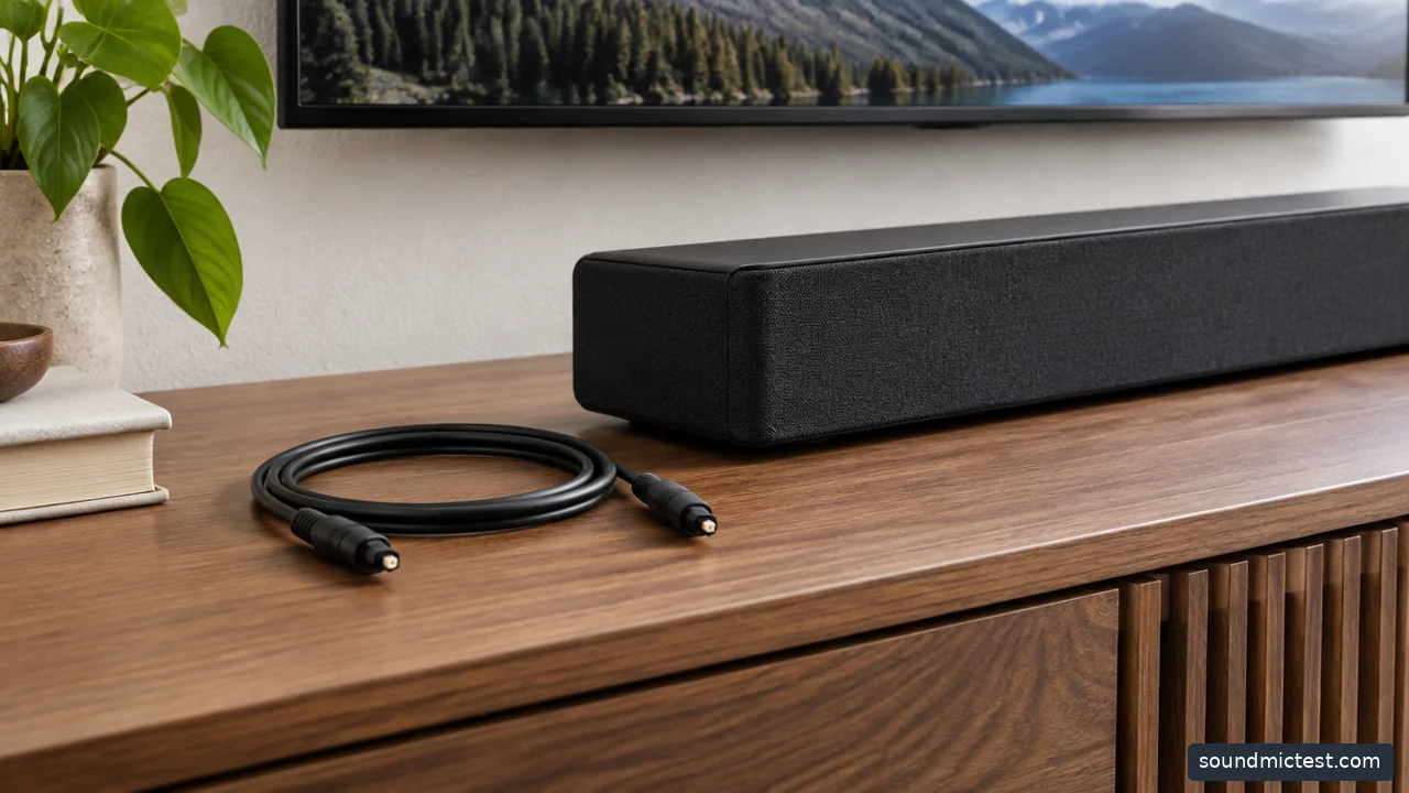 optical audio cable resting beside a compact soundbar on media console