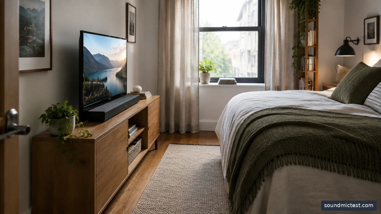 small television and compact soundbar in a narrow bedroom media setup