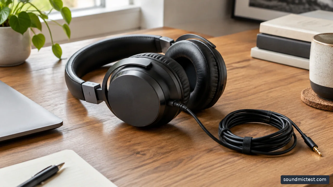 wired over-ear headphones with neatly coiled cable on desk