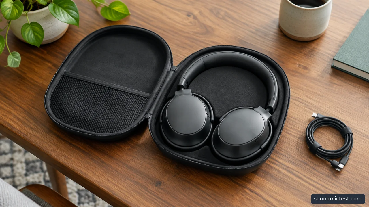 wireless headphones resting in carrying case beside charging cable
