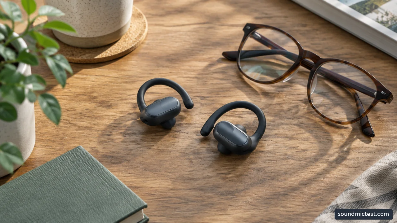 open-ear hook earbuds beside a pair of glasses on table