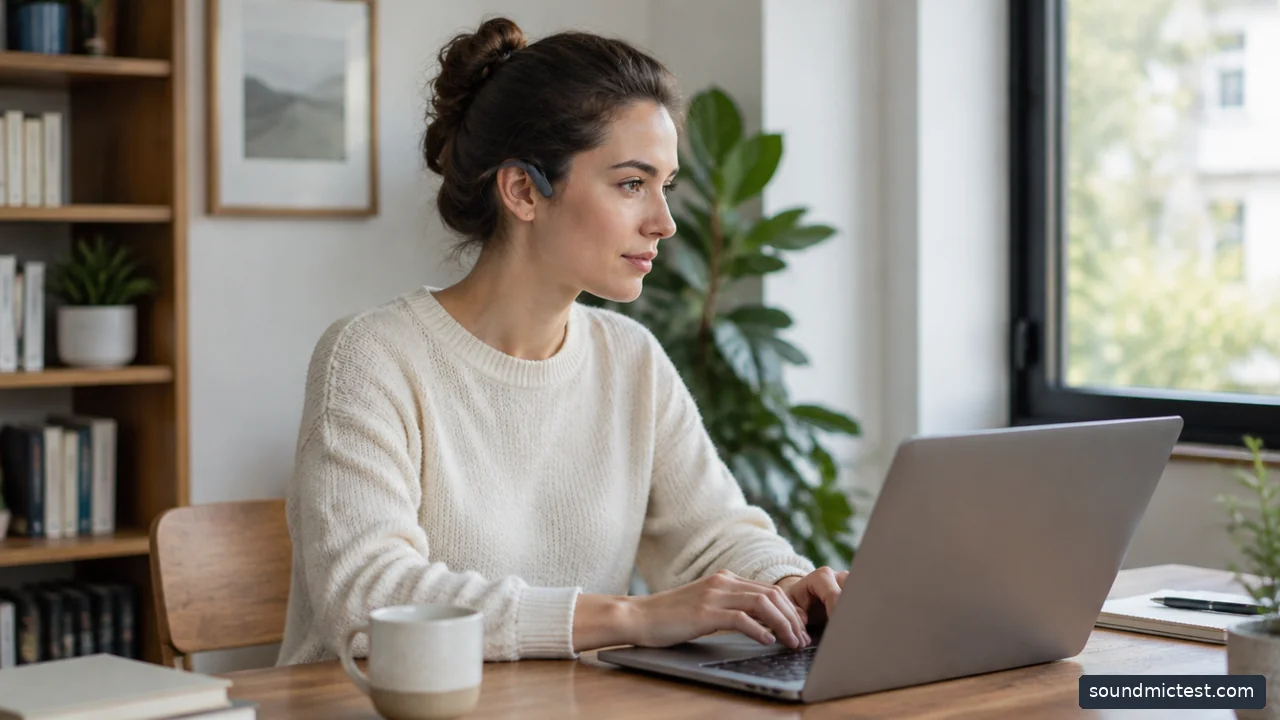 a person working at a home desk with unobstructed ears and open-ear headset