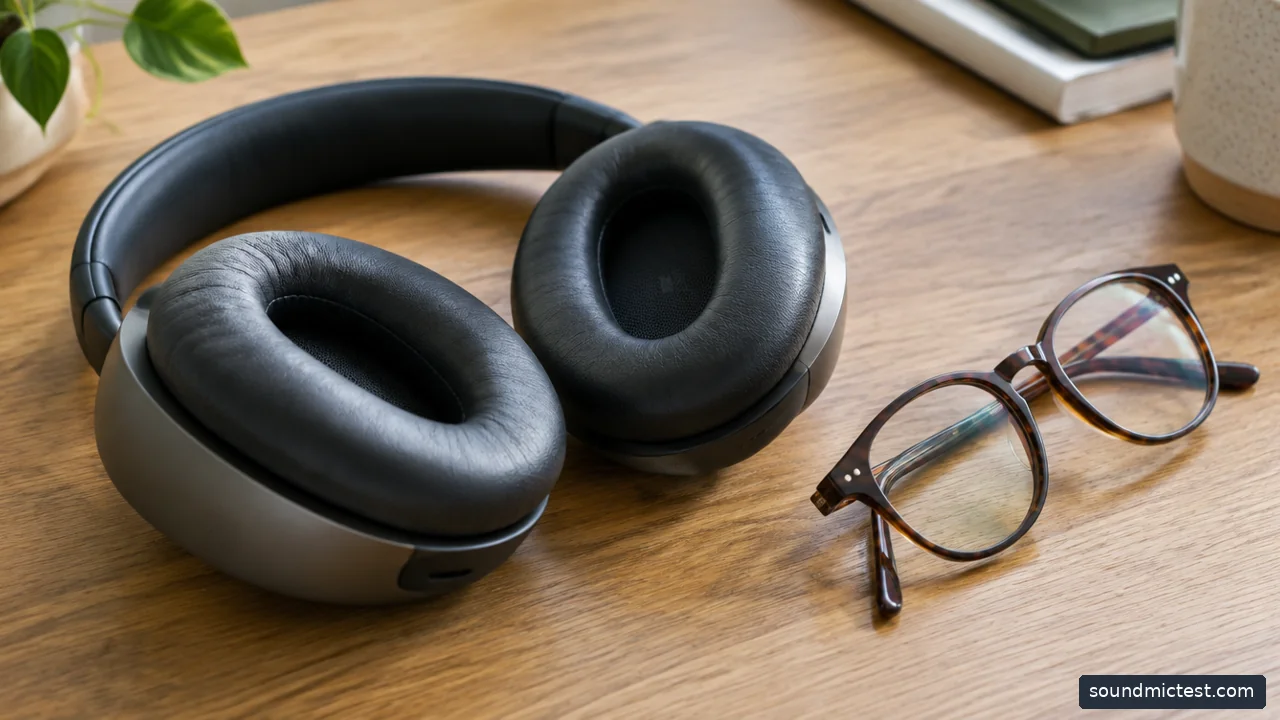close view of generic headphone cushions beside eyeglasses on oak desk