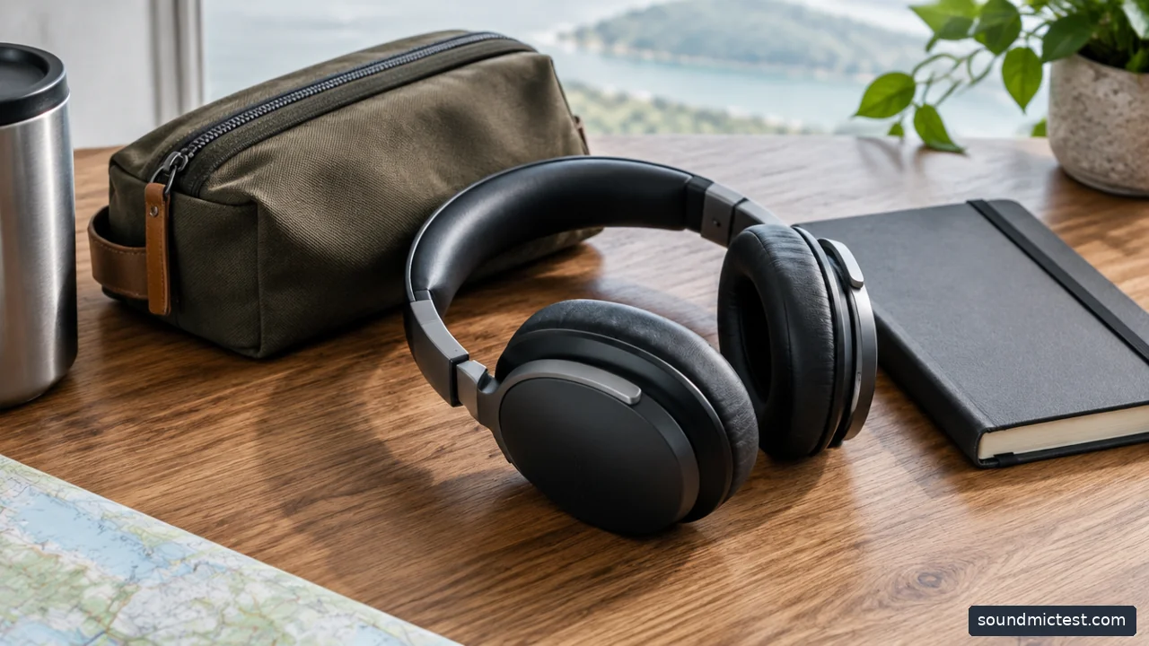 headphones resting beside a travel pouch and closed notebook