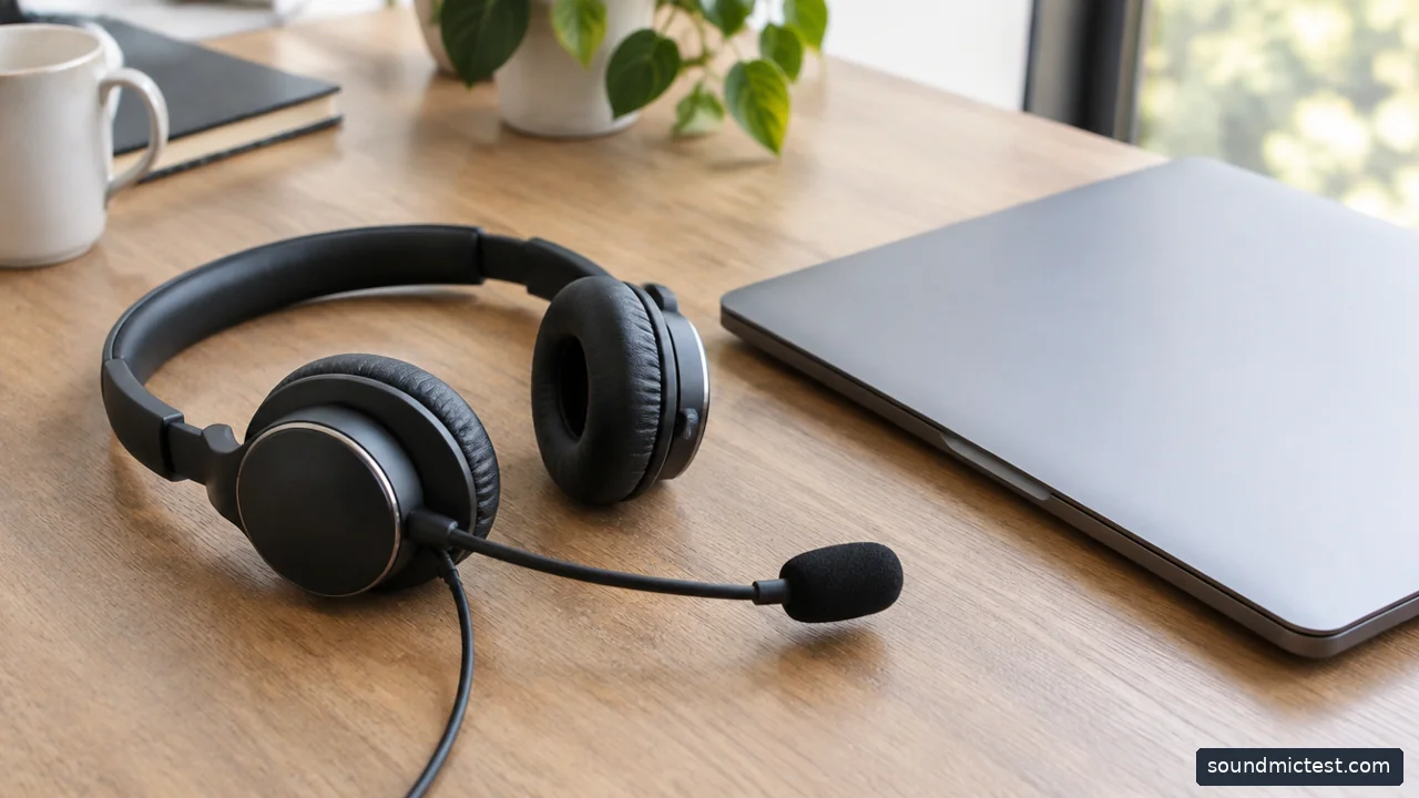 headset boom microphone positioned beside a closed laptop