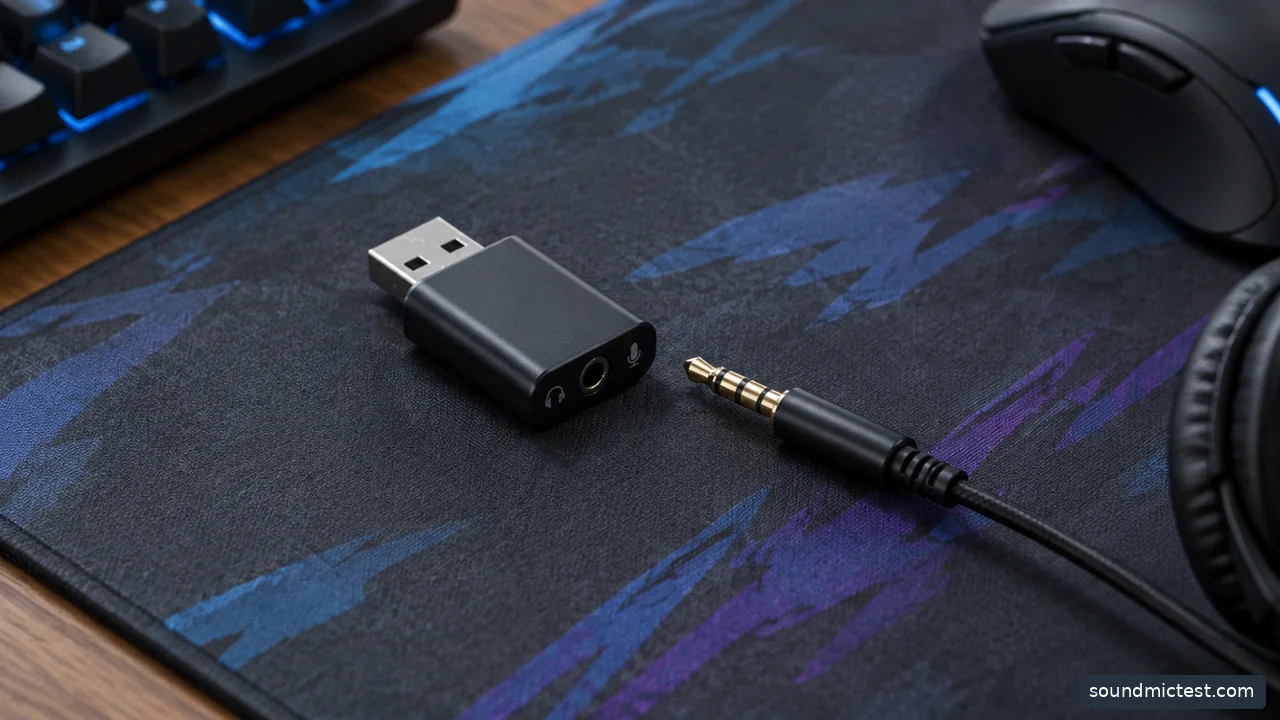 USB audio adapter and 3.5mm headset plug resting separately on gaming mousepad
