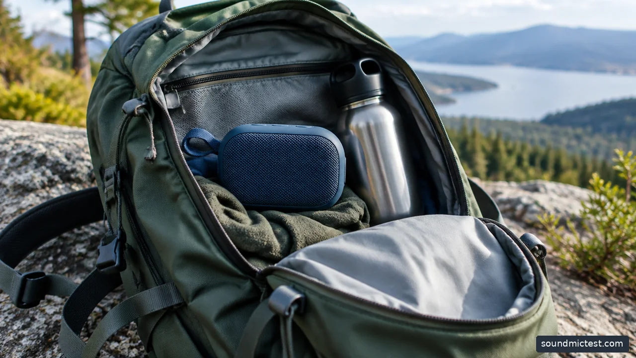 small portable speaker in an open daypack beside a water bottle