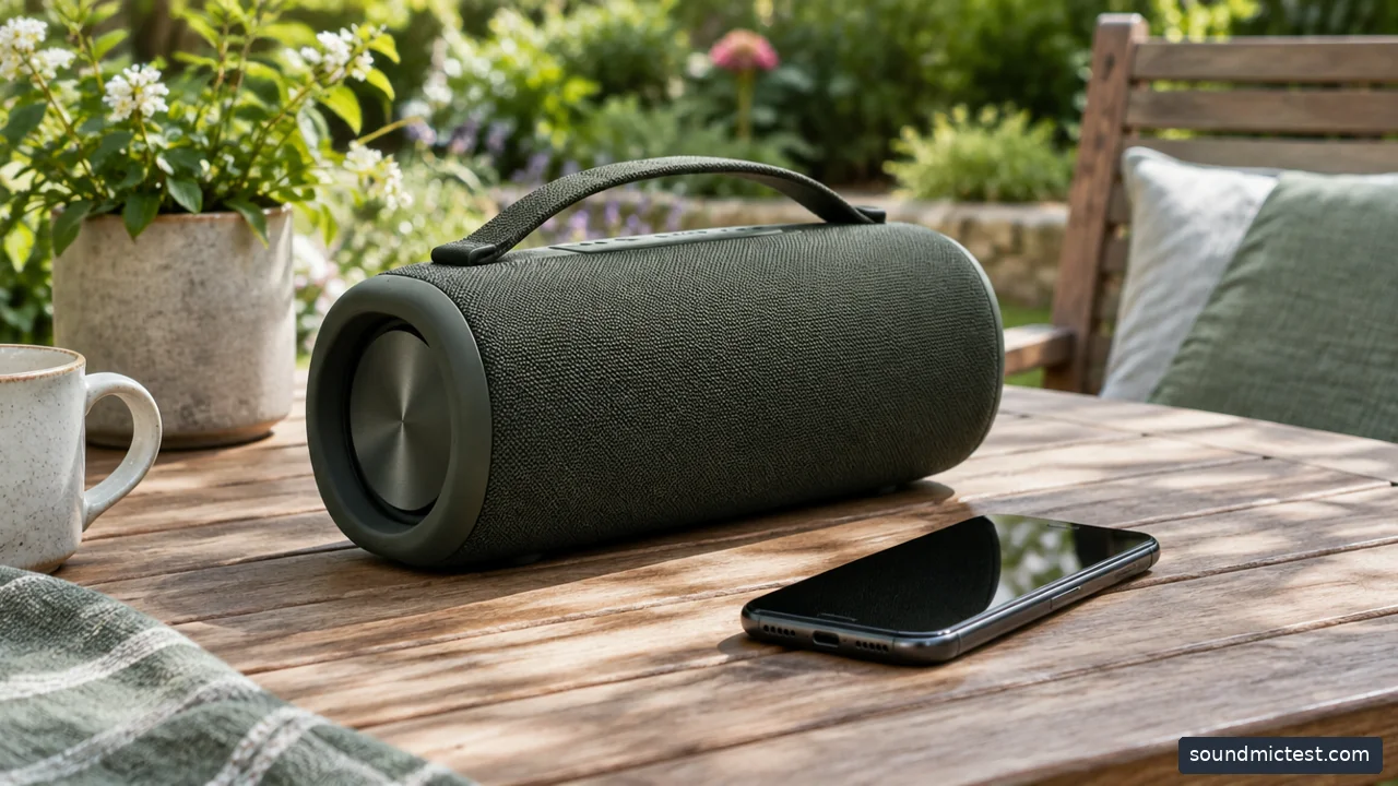 larger portable speaker beside a phone with screen turned down on garden table