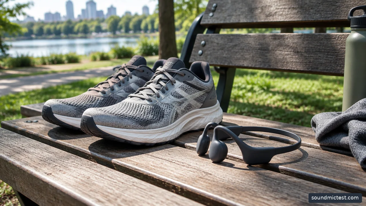 running shoes and generic open-ear sports headset on a park bench