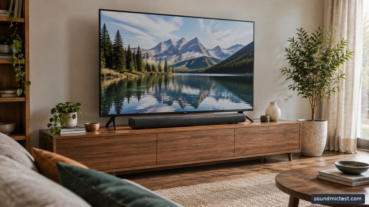 a soundbar placed in front of a television without obstructing its screen