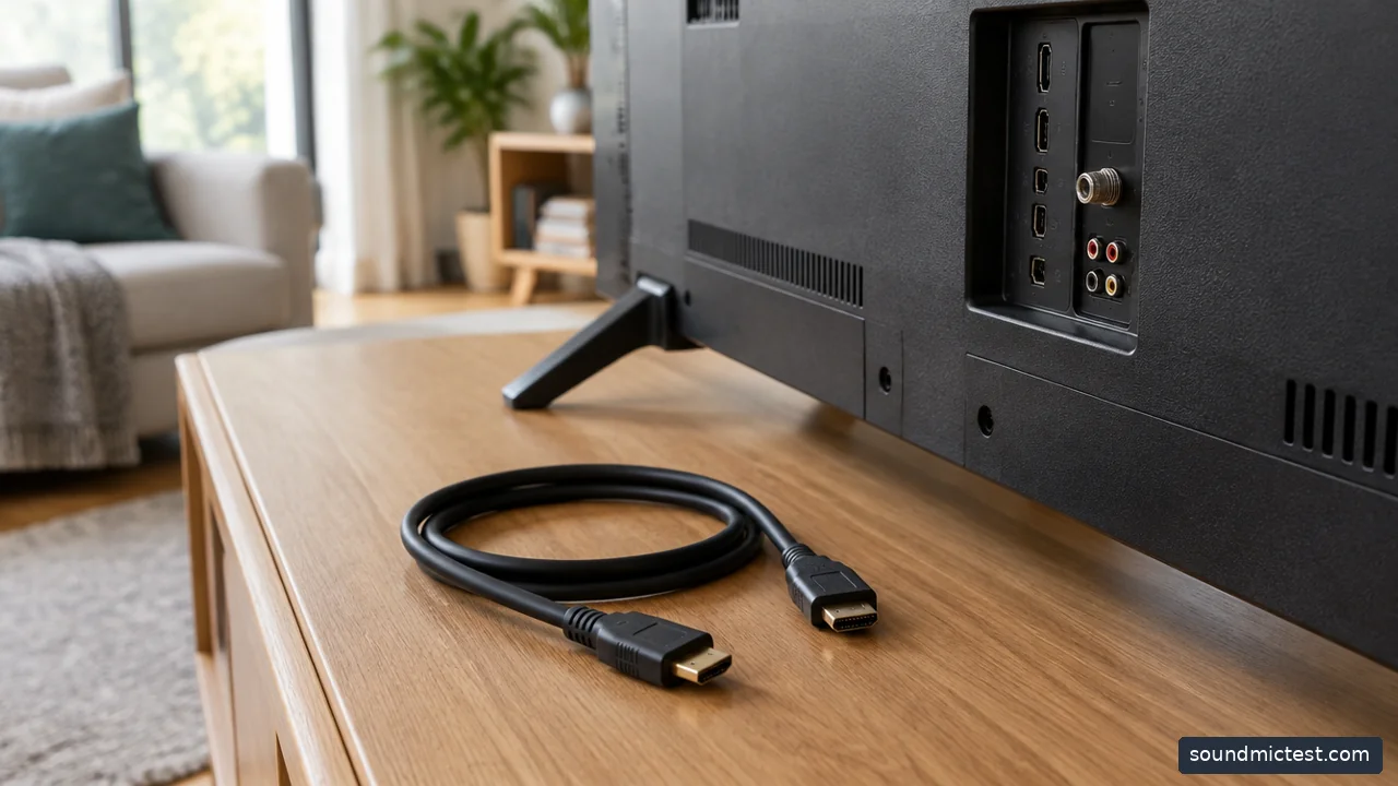 HDMI cable beside a television viewed from behind, connectors not plugged in