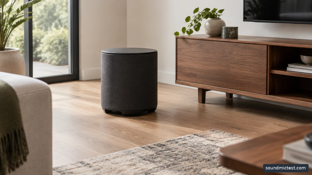 compact cylindrical subwoofer on floor near media cabinet with space around it