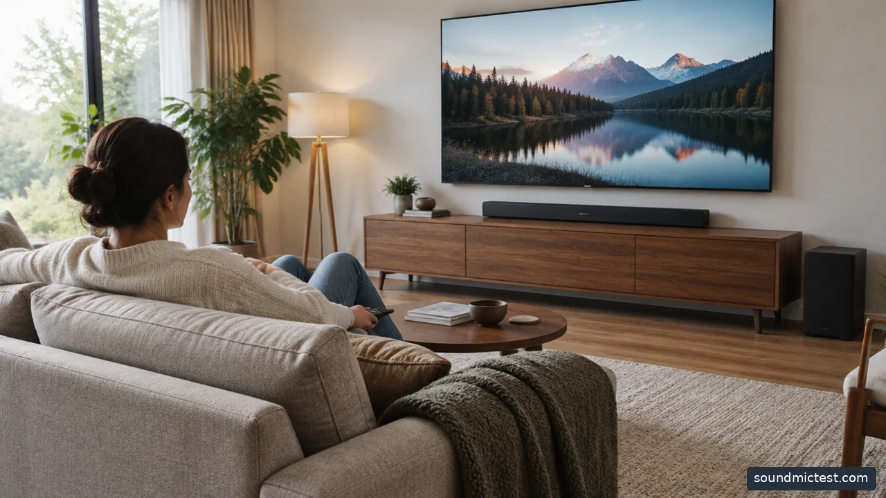 living room couch facing a television and soundbar, uncluttered layout