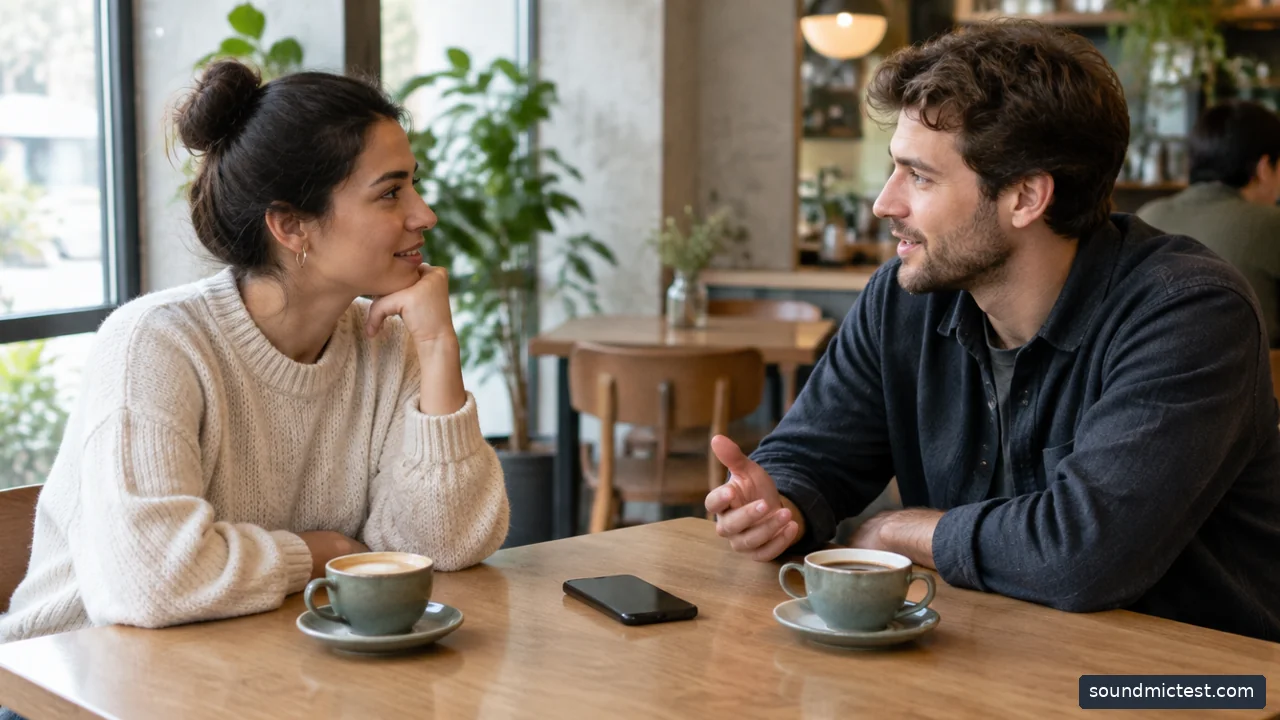 two adults talking across a cafe table with a phone between them, screens not visible