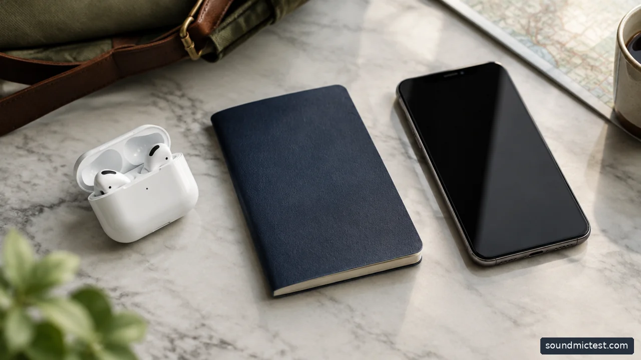 earbud case beside a passport-shaped unmarked notebook and phone