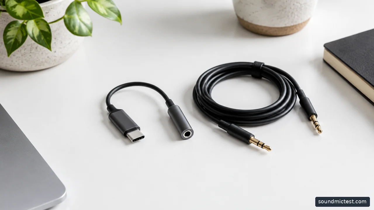 a USB-C audio adapter beside a coiled 3.5mm cable on white desk