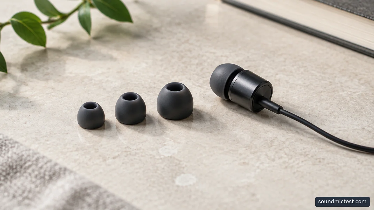 three sizes of silicone ear tips beside an unbranded wired earbud