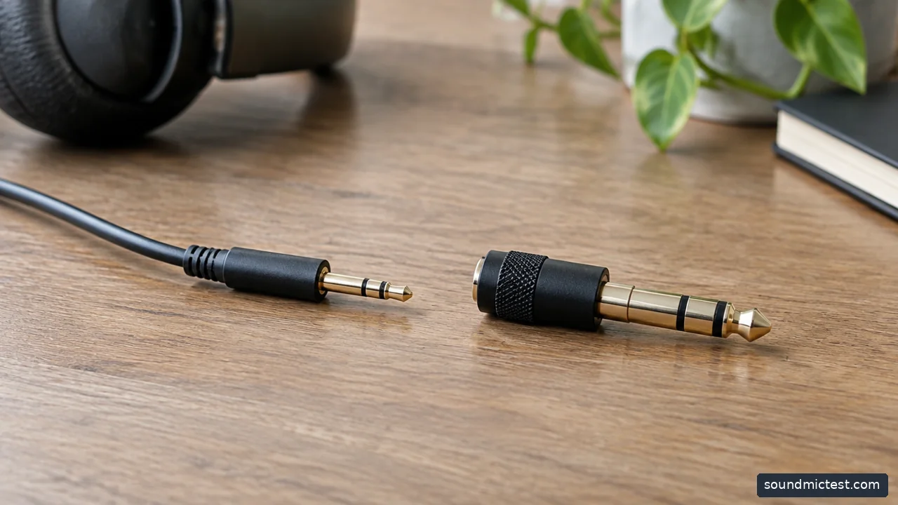 a 3.5mm headphone plug beside a separate 6.35mm adapter, realistic proportions