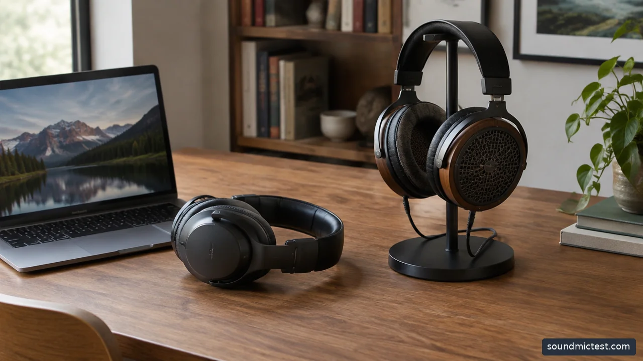 closed-back headphones beside a laptop and open-back headphones on a stand
