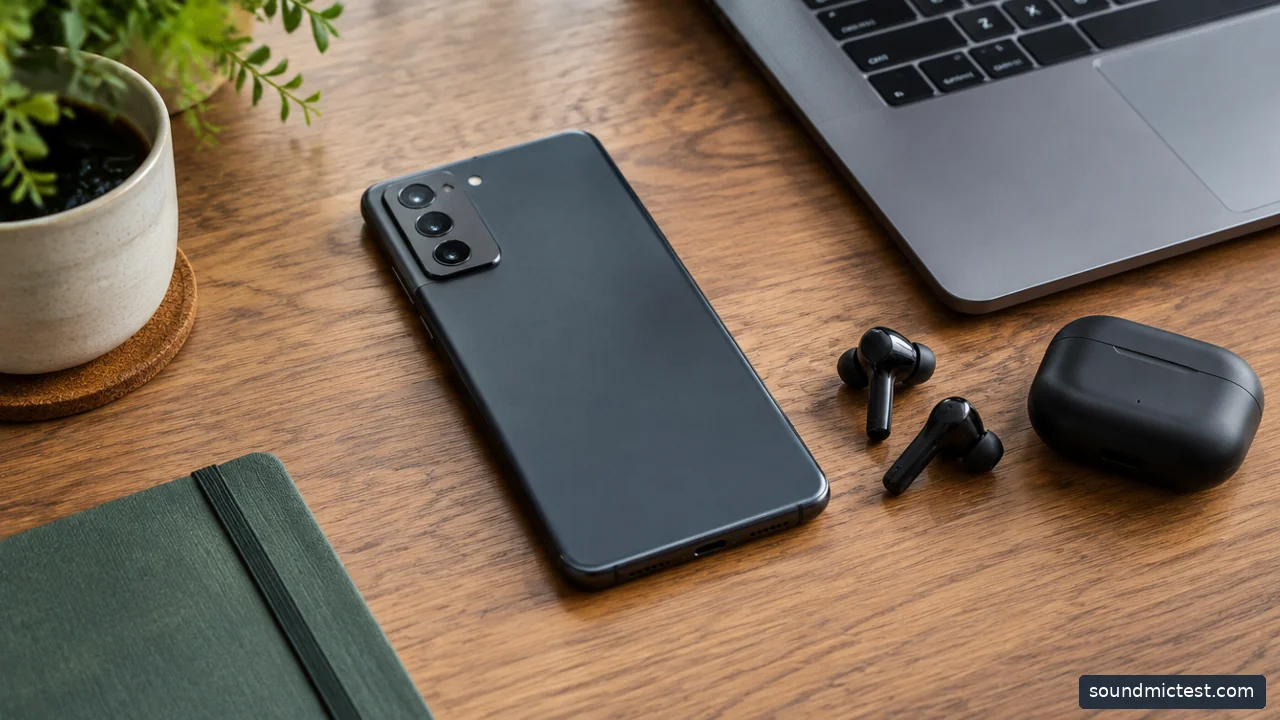 an unbranded Android phone facing down beside earbuds and laptop