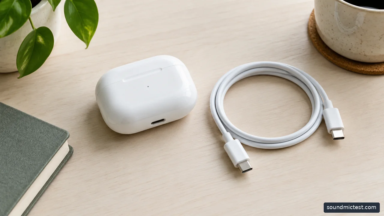 earbud charging case beside USB-C cable on pale desk