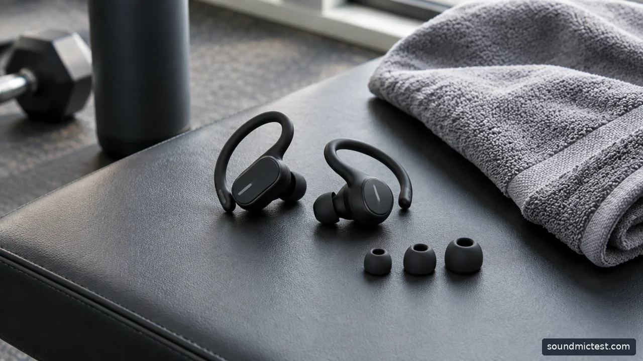 sport earbuds and three ear tip sizes beside a gym towel