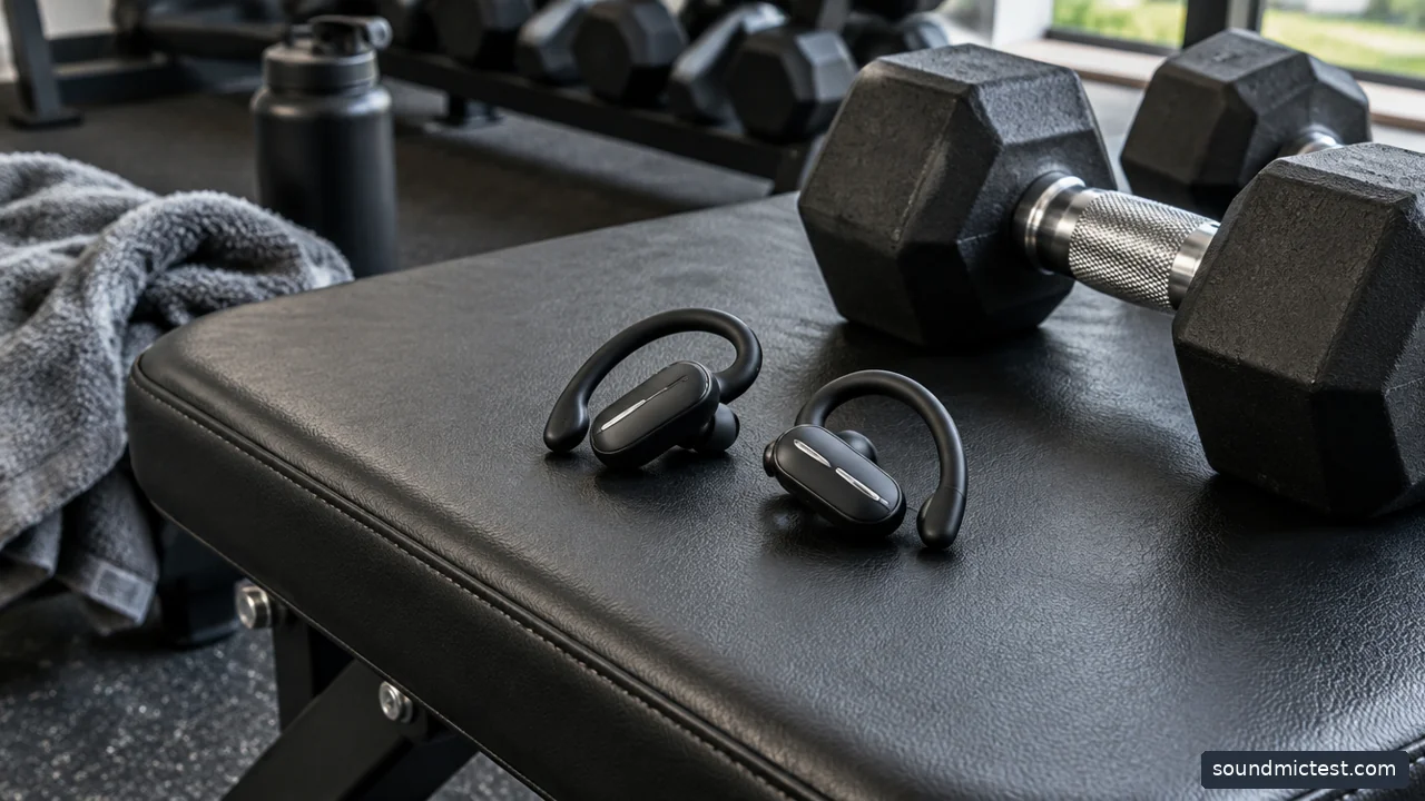 earhook earbuds resting next to dumbbells on a gym bench