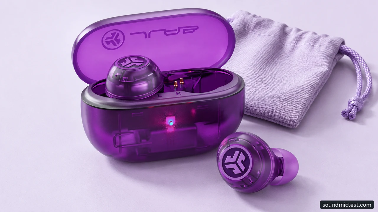 Purple budget earbuds and charging case