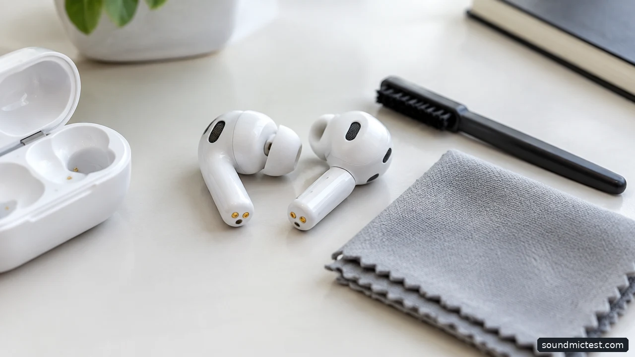 Earbuds beside dry cleaning tools