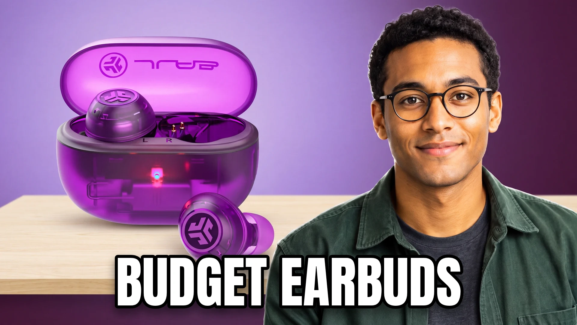 Editorial cover with an audio presenter and equipment, titled "BUDGET EARBUDS".