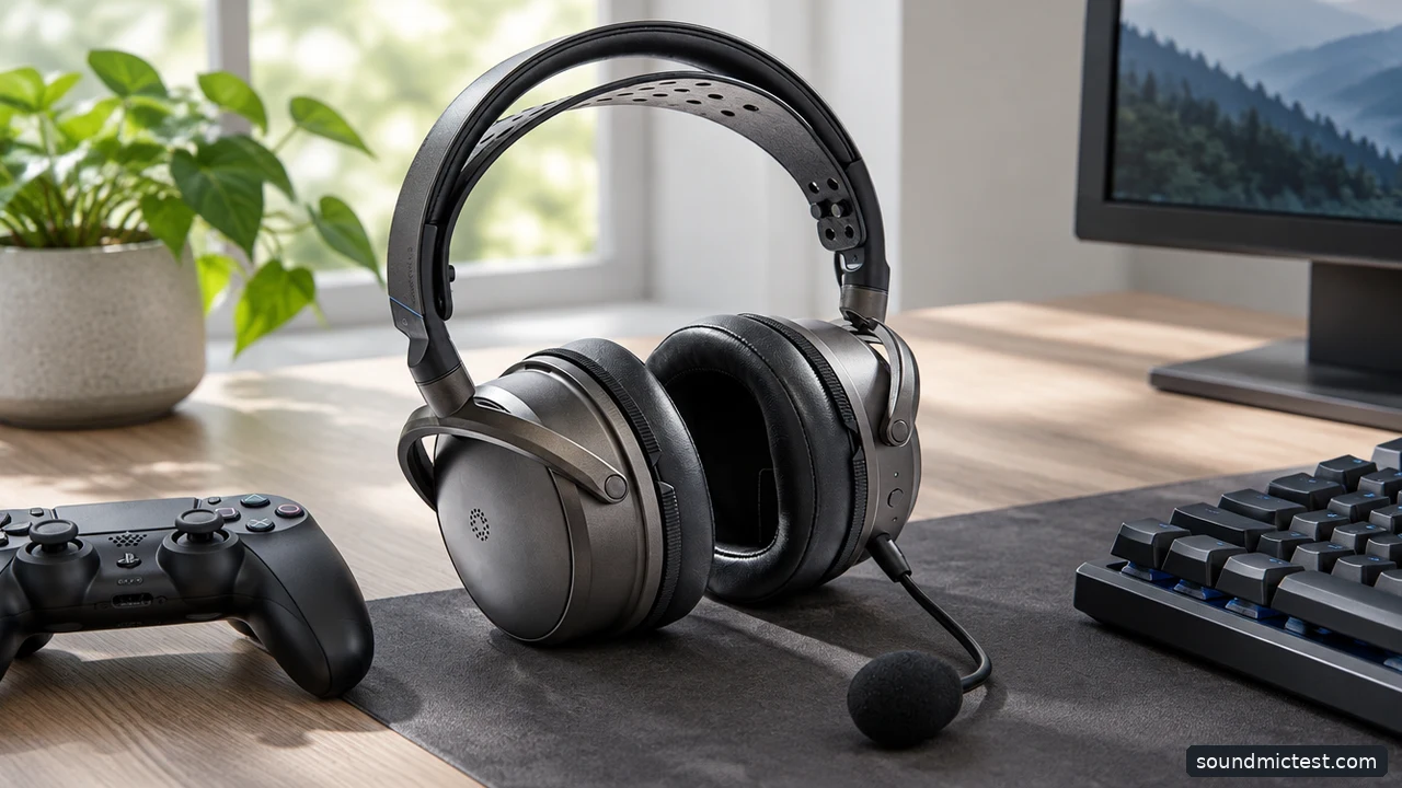 Gaming headset beside a controller and keyboard
