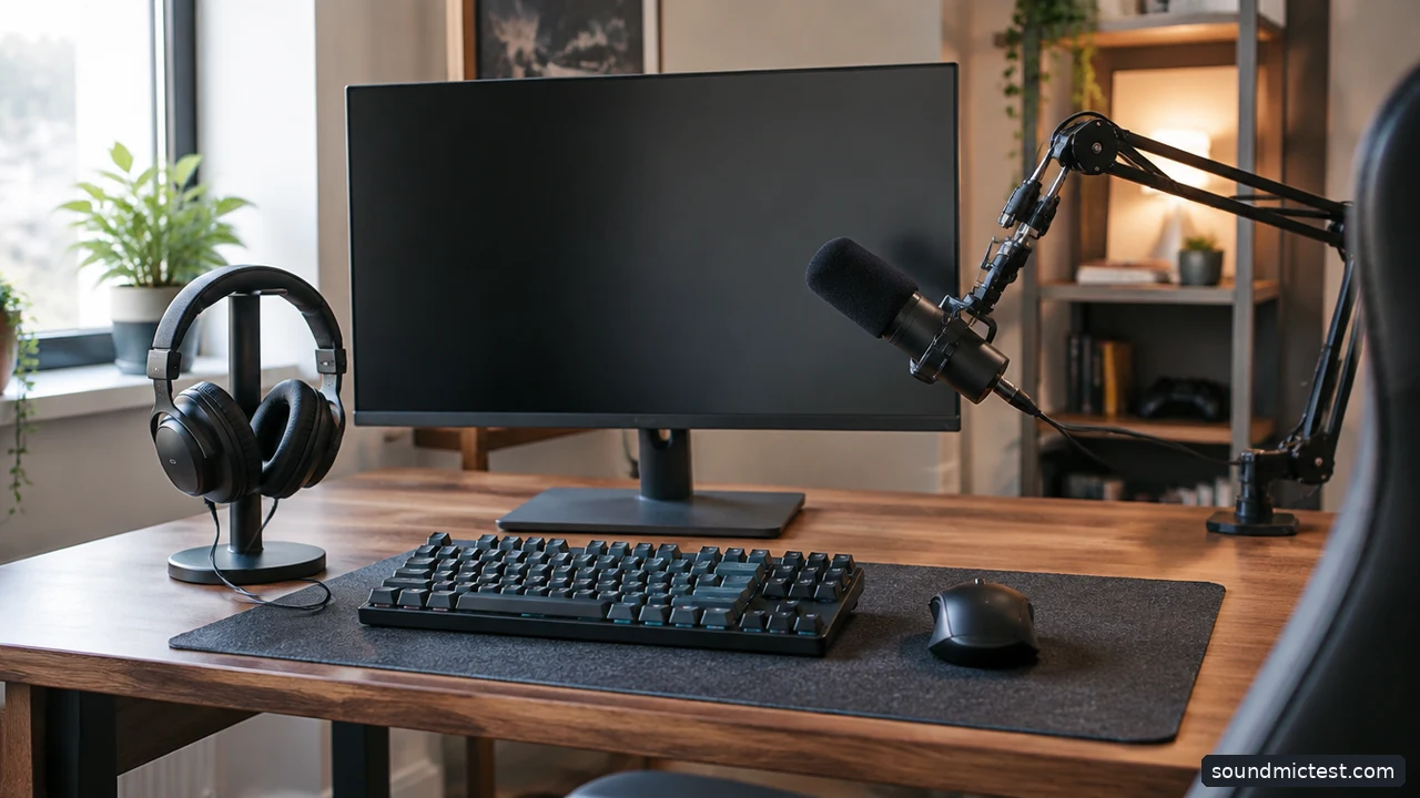 Separate headphones and a desktop microphone