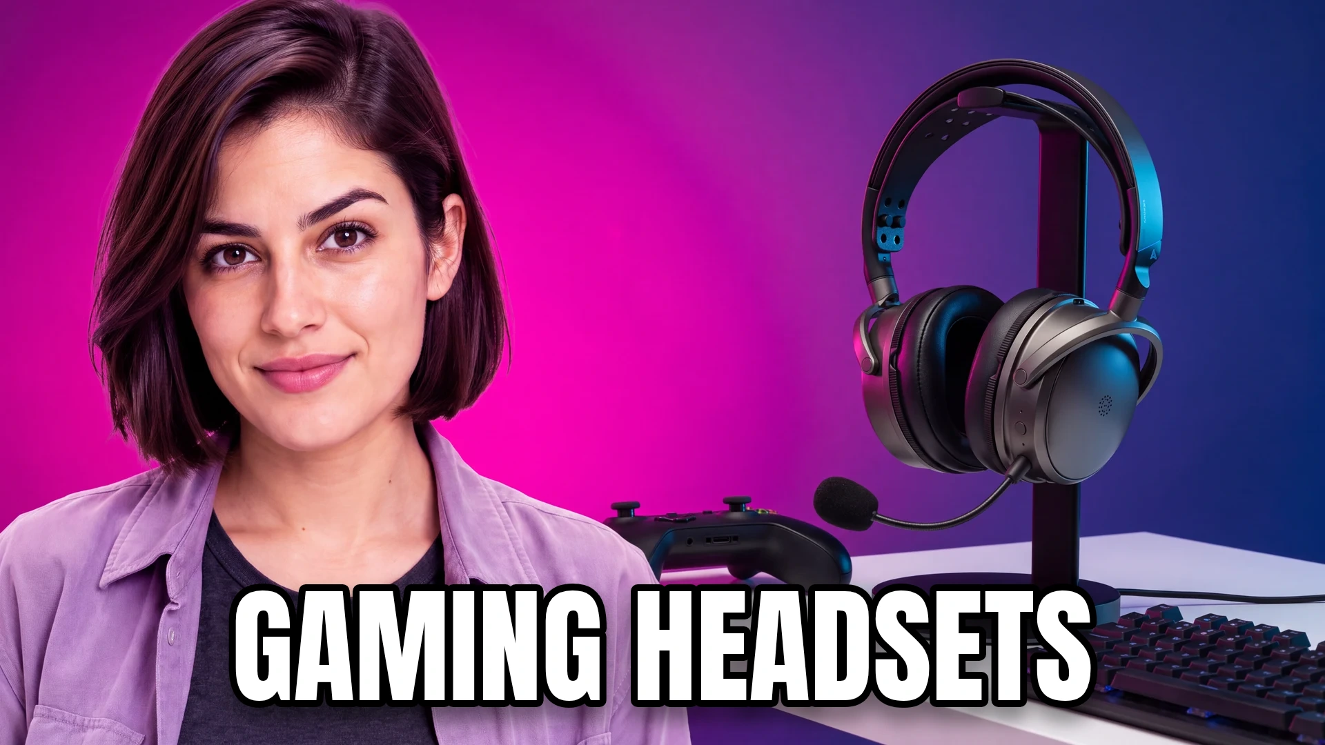 Editorial cover with an audio presenter and equipment, titled "GAMING HEADSETS".